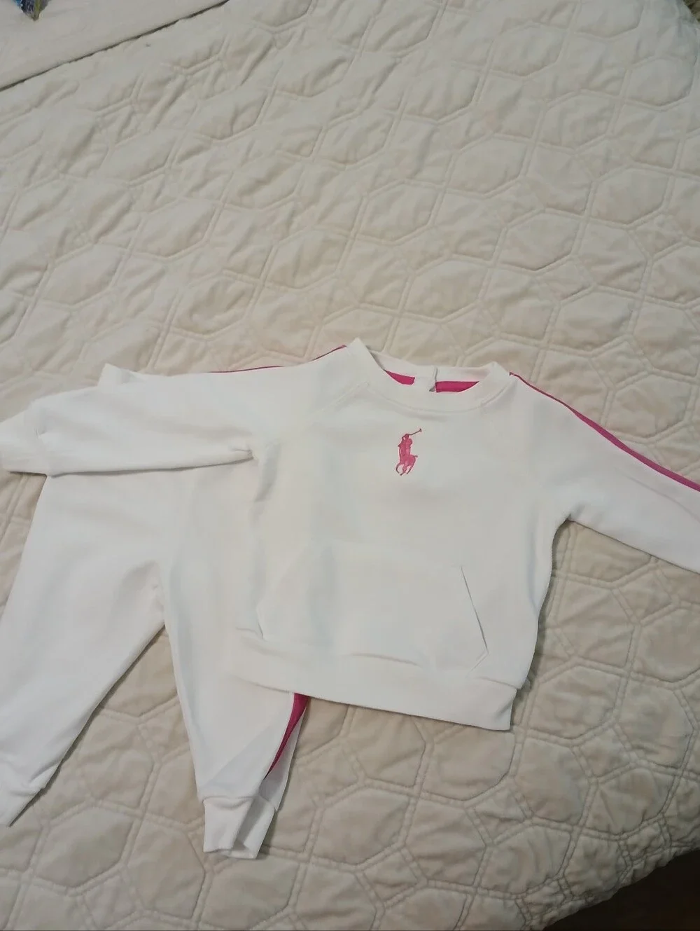 Ralph Lauren White Kids Sweatshirt with Pink Logo and Shoulder Stripe